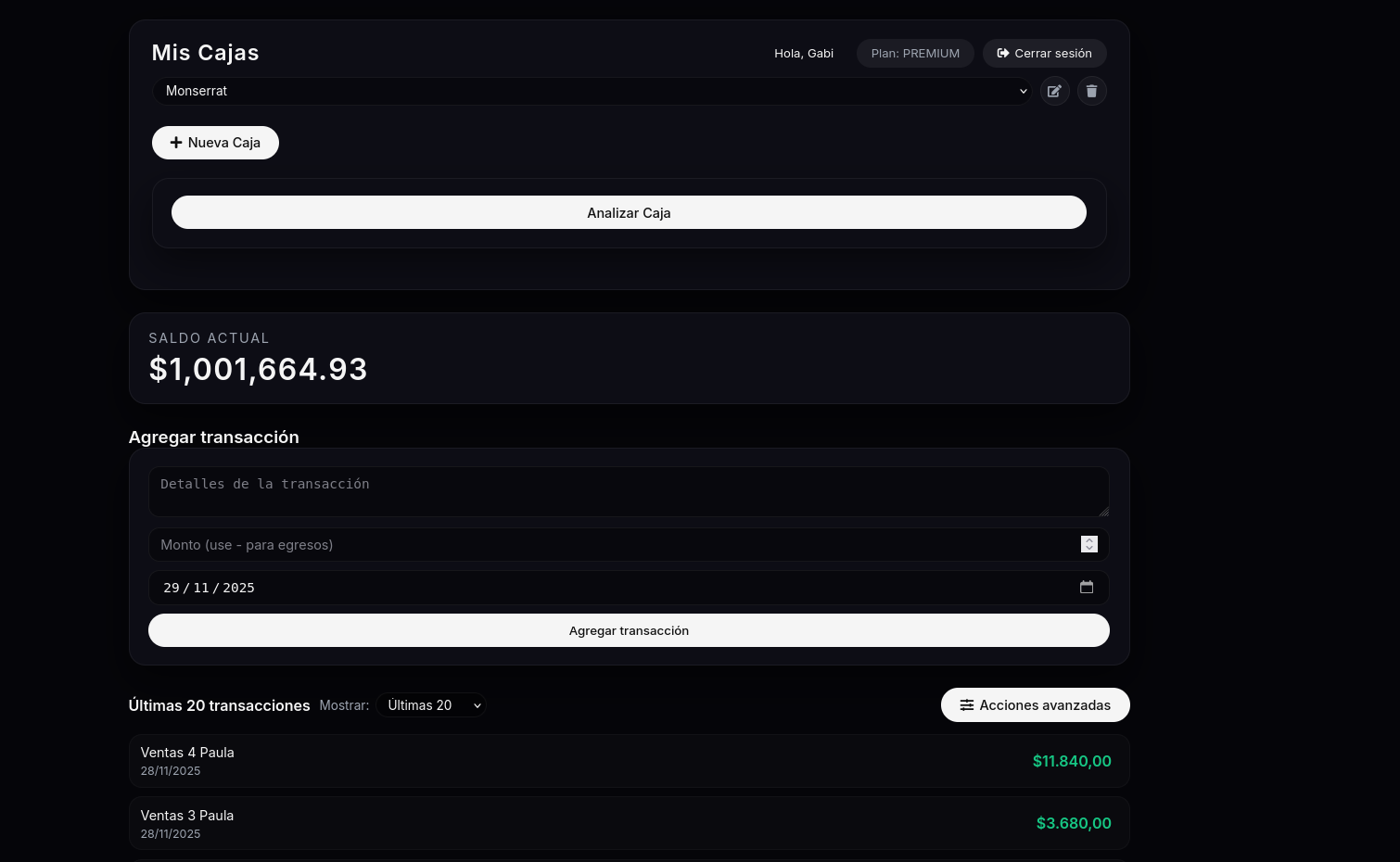 Panel principal con saldo actual y resumen de caja